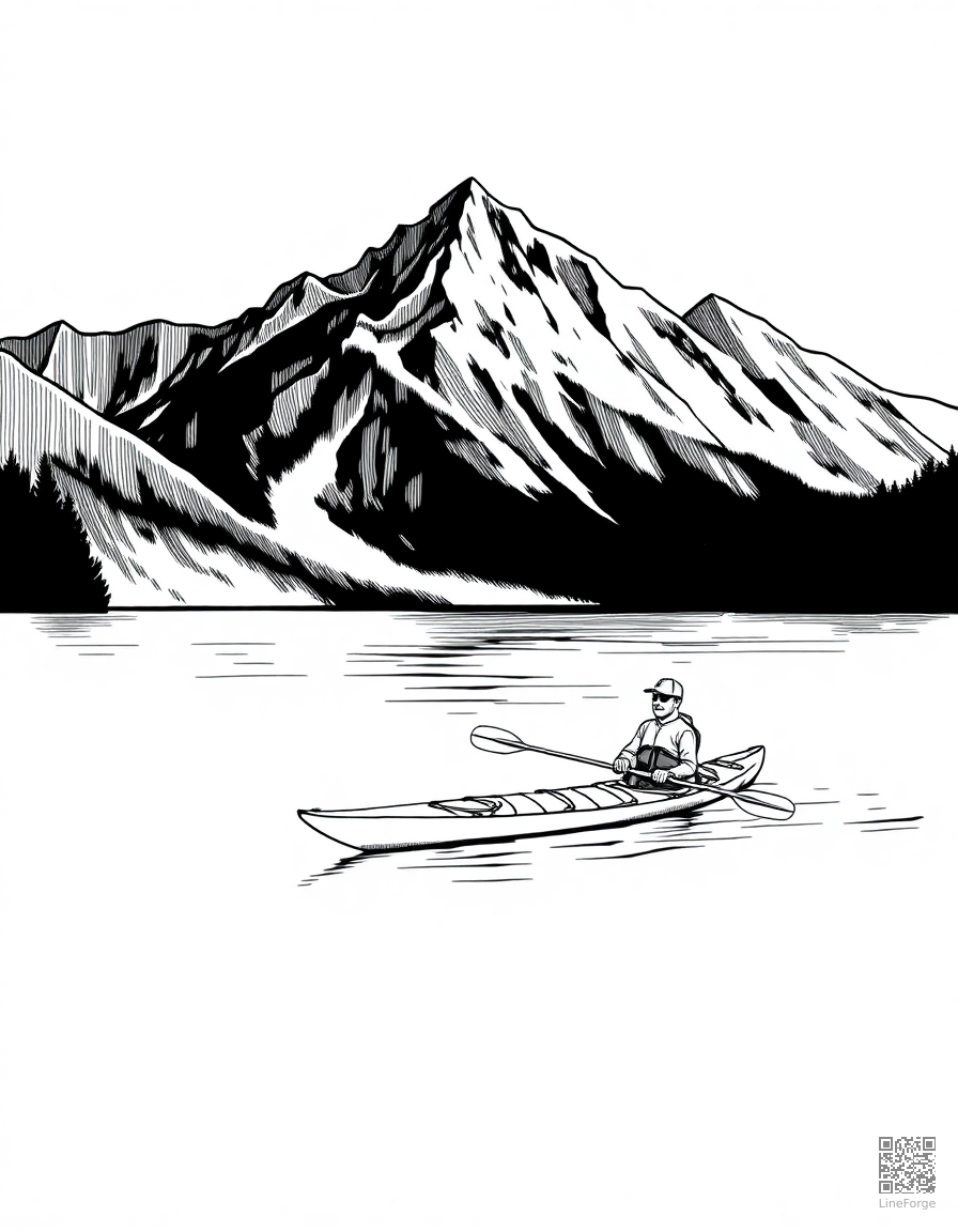 Free kayaking on a calm mountain lake coloring page in crosshatch style — printable line art