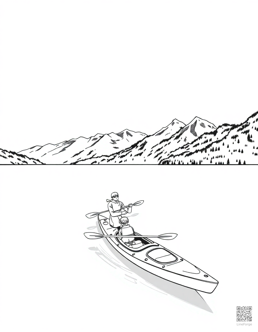Free kayaking on a calm mountain lake coloring page in manga style — printable line art