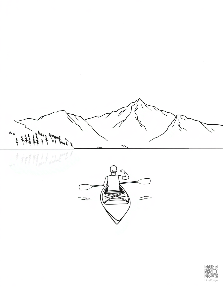 Free kayaking on a calm mountain lake coloring page in minimal style — printable line art