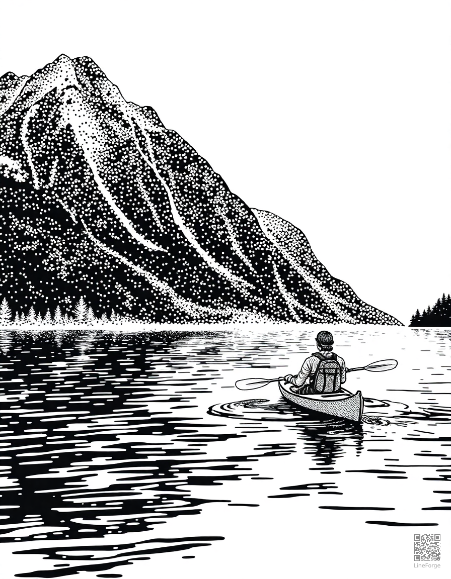 Free kayaking on a calm mountain lake coloring page in stipple style — printable line art