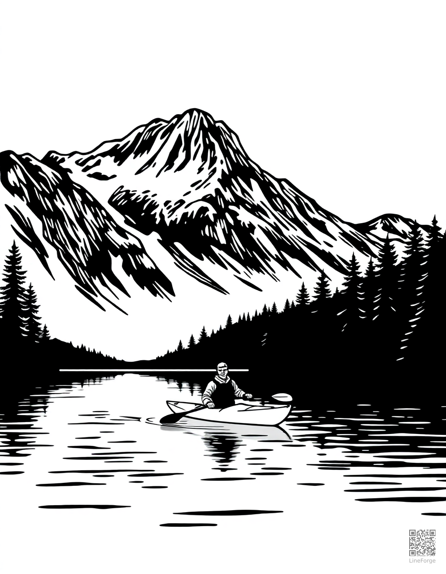 Free kayaking on a calm mountain lake coloring page in woodcut style — printable line art