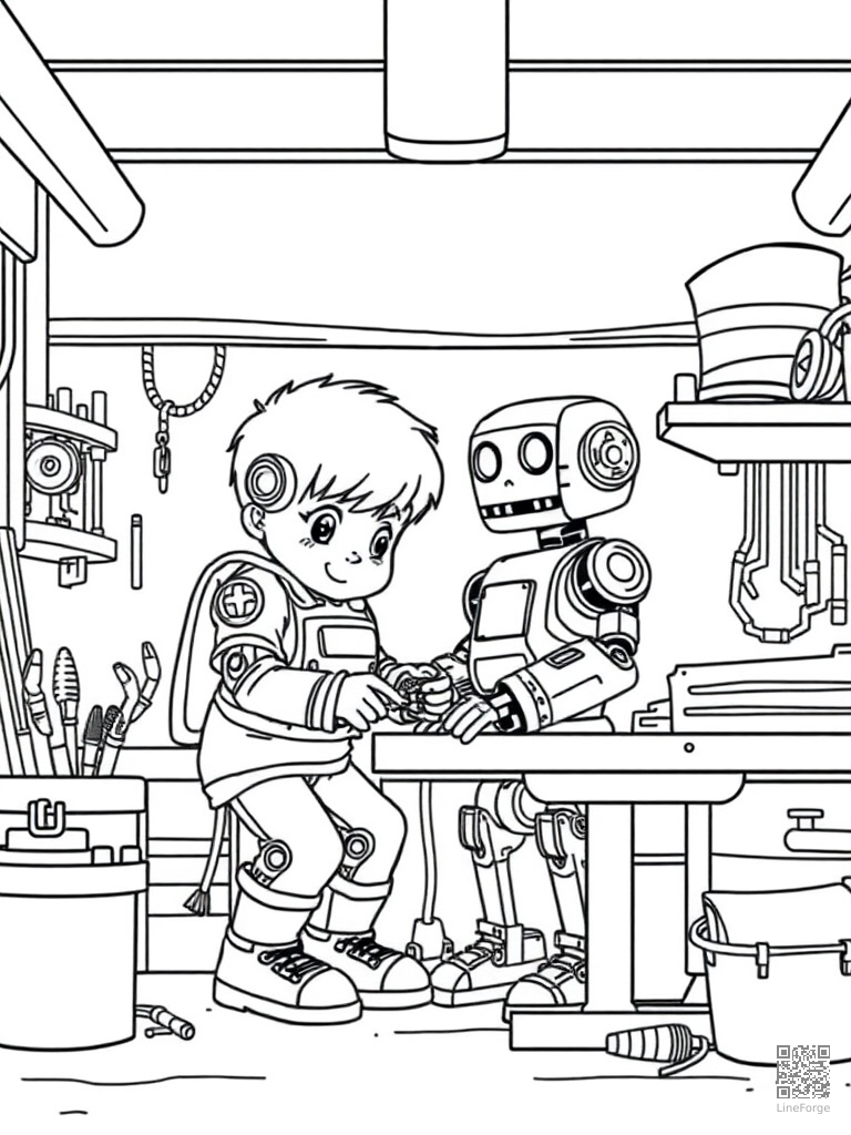 Kid building a robot in a garage workshop coloring page Contour style - free printable
