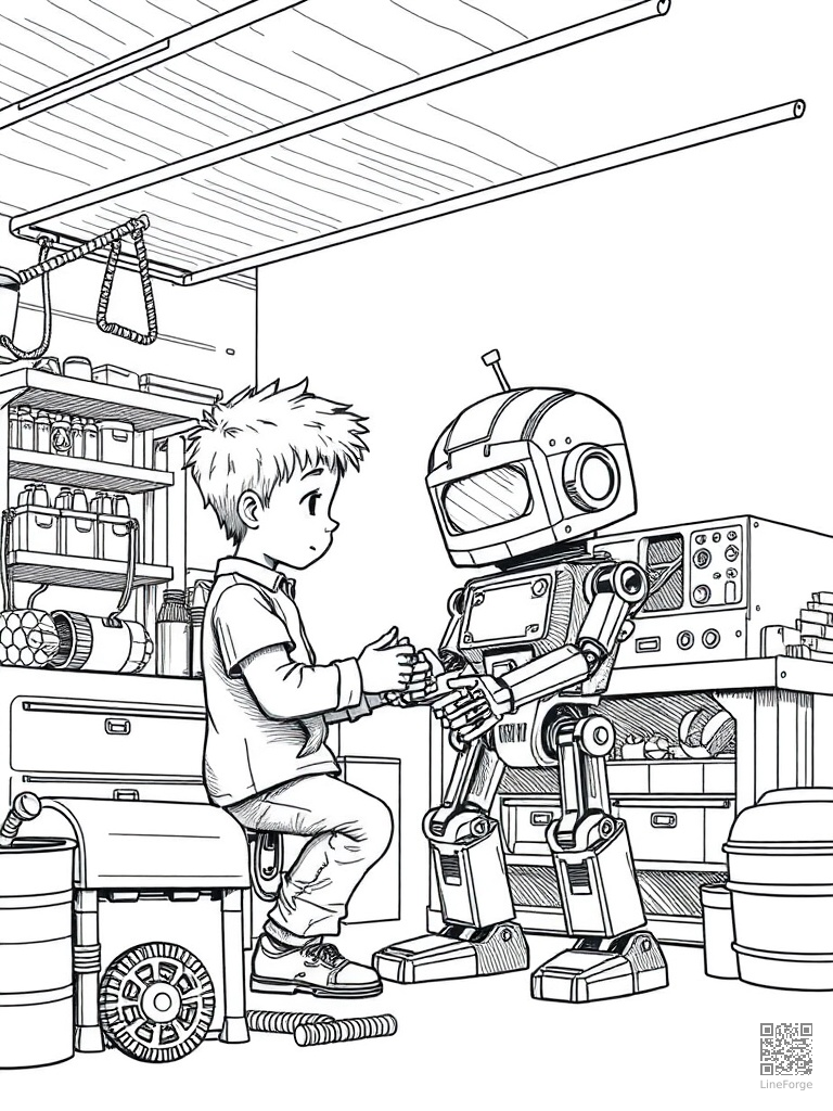 Free kid building a robot in a garage workshop coloring page in crosshatch style — printable line art