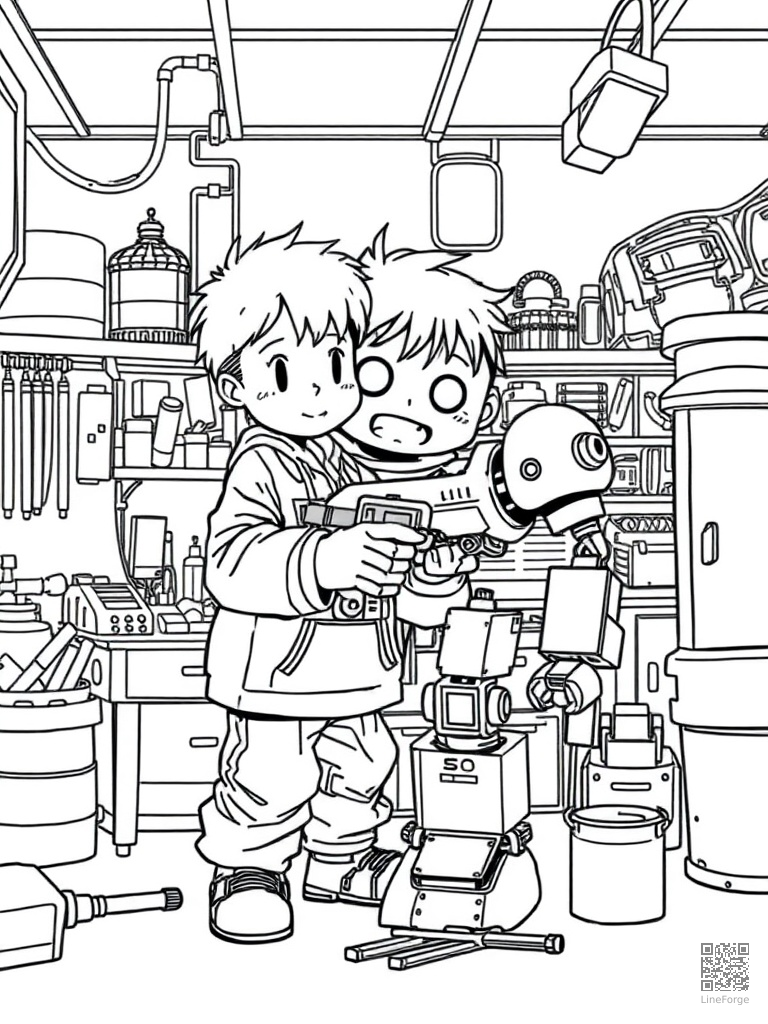 Kid building a robot in a garage workshop coloring page Manga style - free printable