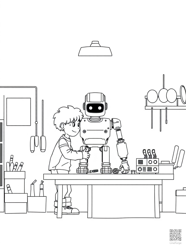 Free kid building a robot in a garage workshop coloring page in minimal style — printable line art