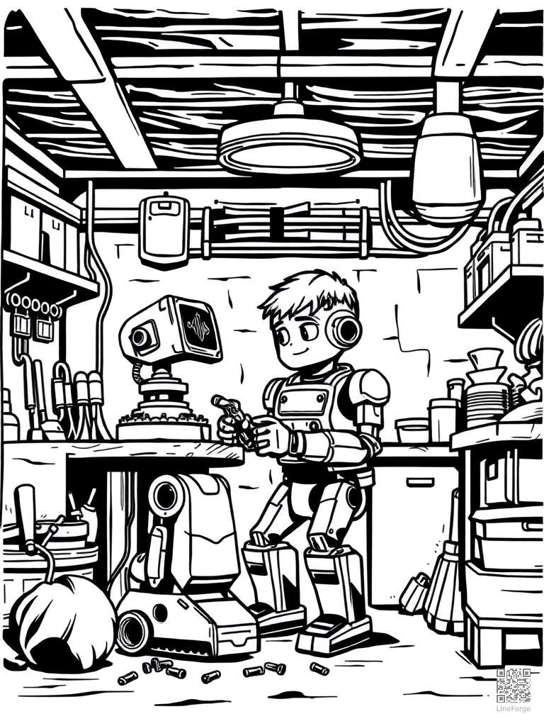 Kid building a robot in a garage workshop coloring page Woodcut style - free printable