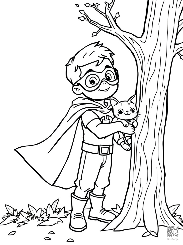 Kid superhero with cape saving a cat from a tree coloring page Contour style - free printable