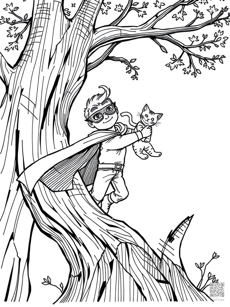 Kid superhero with cape saving a cat from a tree coloring page Crosshatch style - free printable