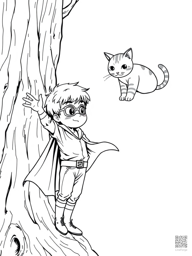 Kid superhero with cape saving a cat from a tree coloring page Manga style - free printable