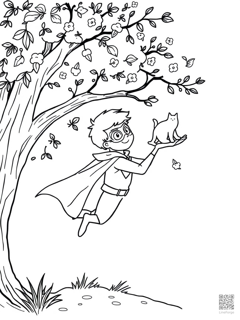 Kid superhero with cape saving a cat from a tree coloring page Minimal style - free printable