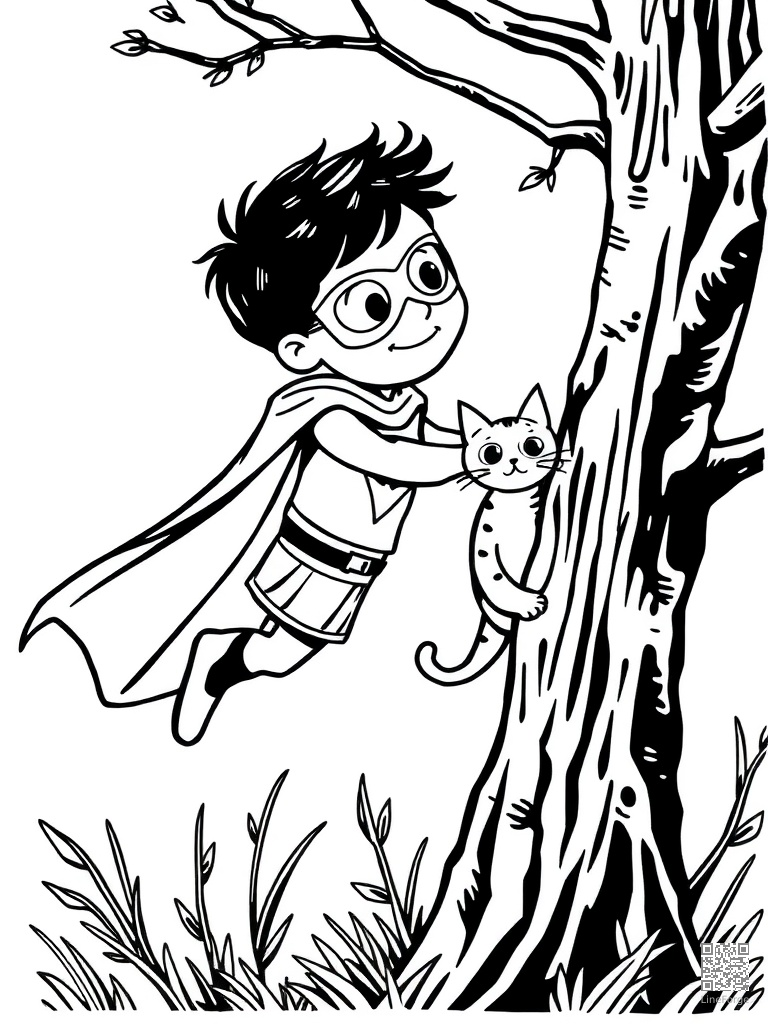 Kid superhero with cape saving a cat from a tree coloring page Woodcut style - free printable