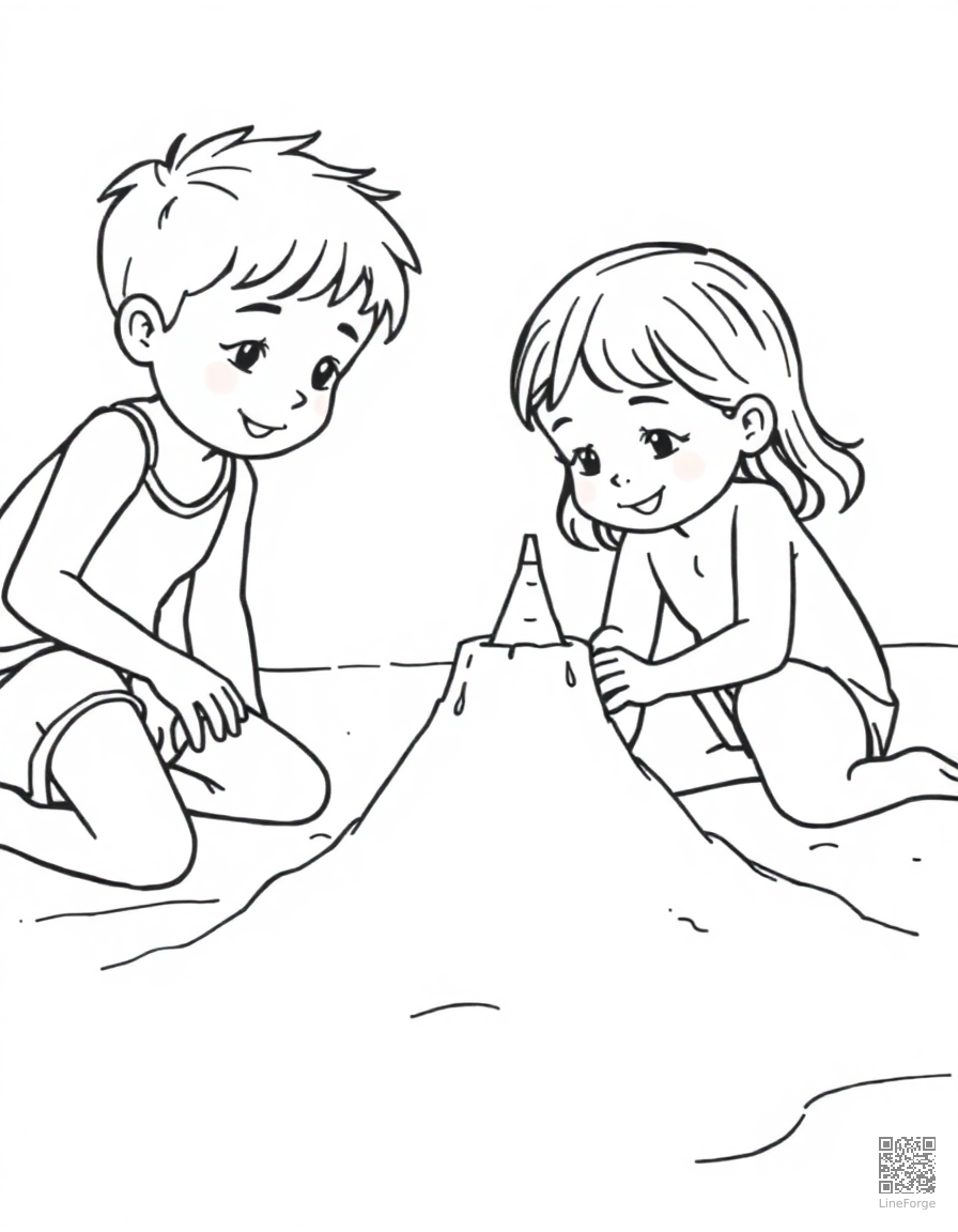 Kids building a sandcastle at the beach coloring page Contour style - free printable
