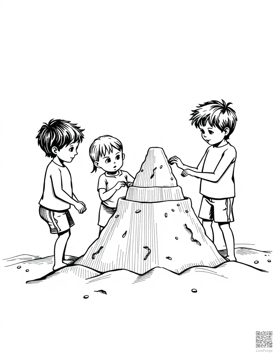 Kids building a sandcastle at the beach coloring page Crosshatch style - free printable