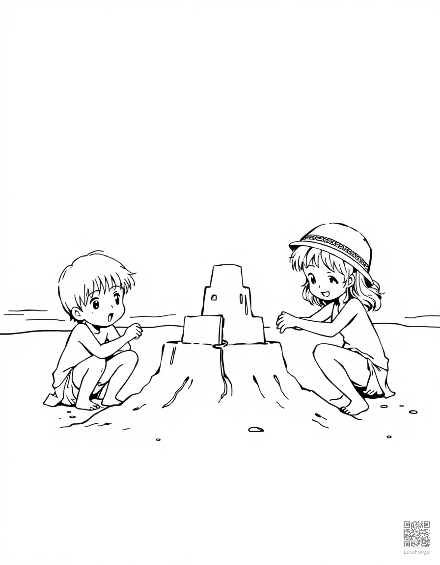Kids building a sandcastle at the beach coloring page Manga style - free printable