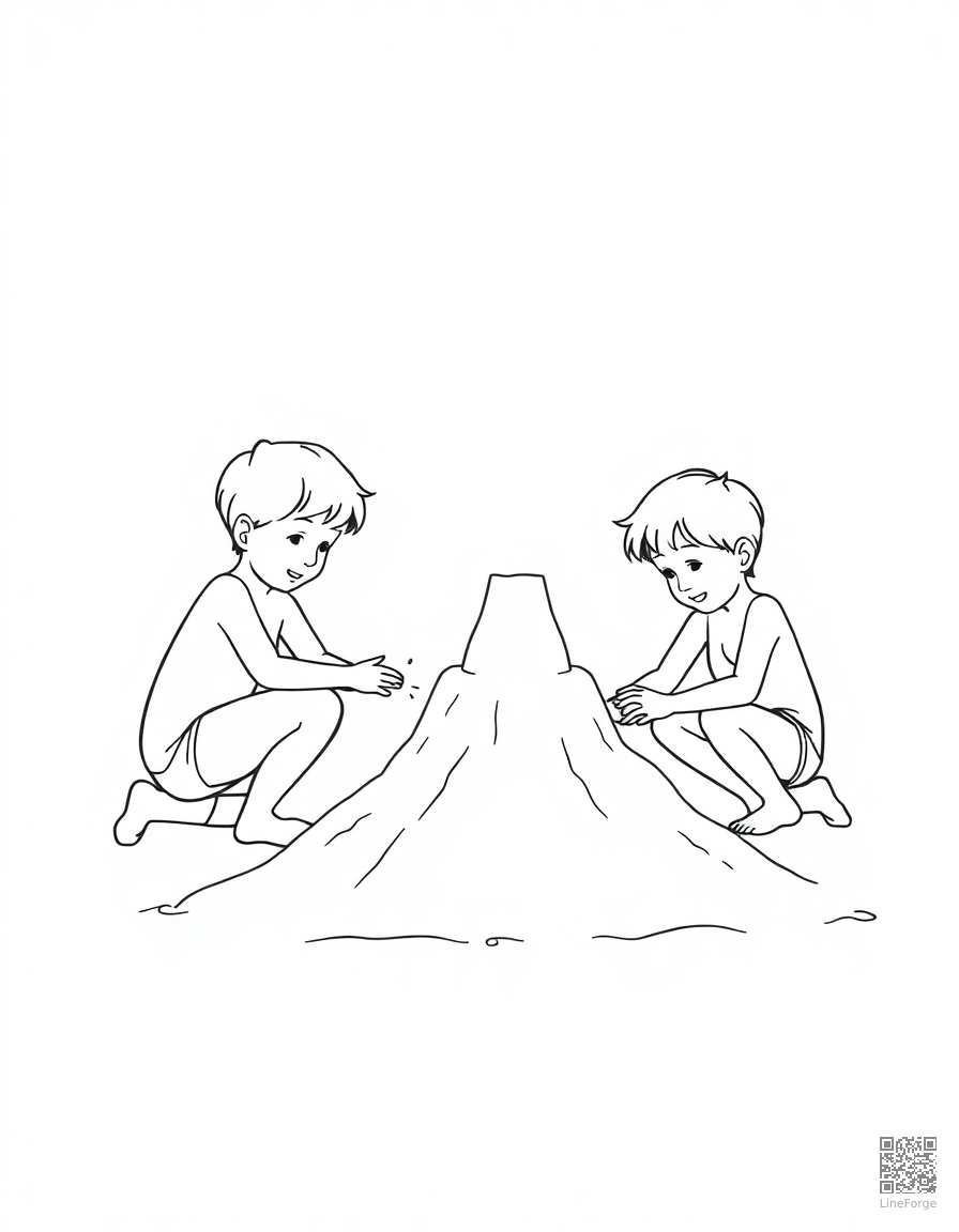 Kids building a sandcastle at the beach coloring page Minimal style - free printable