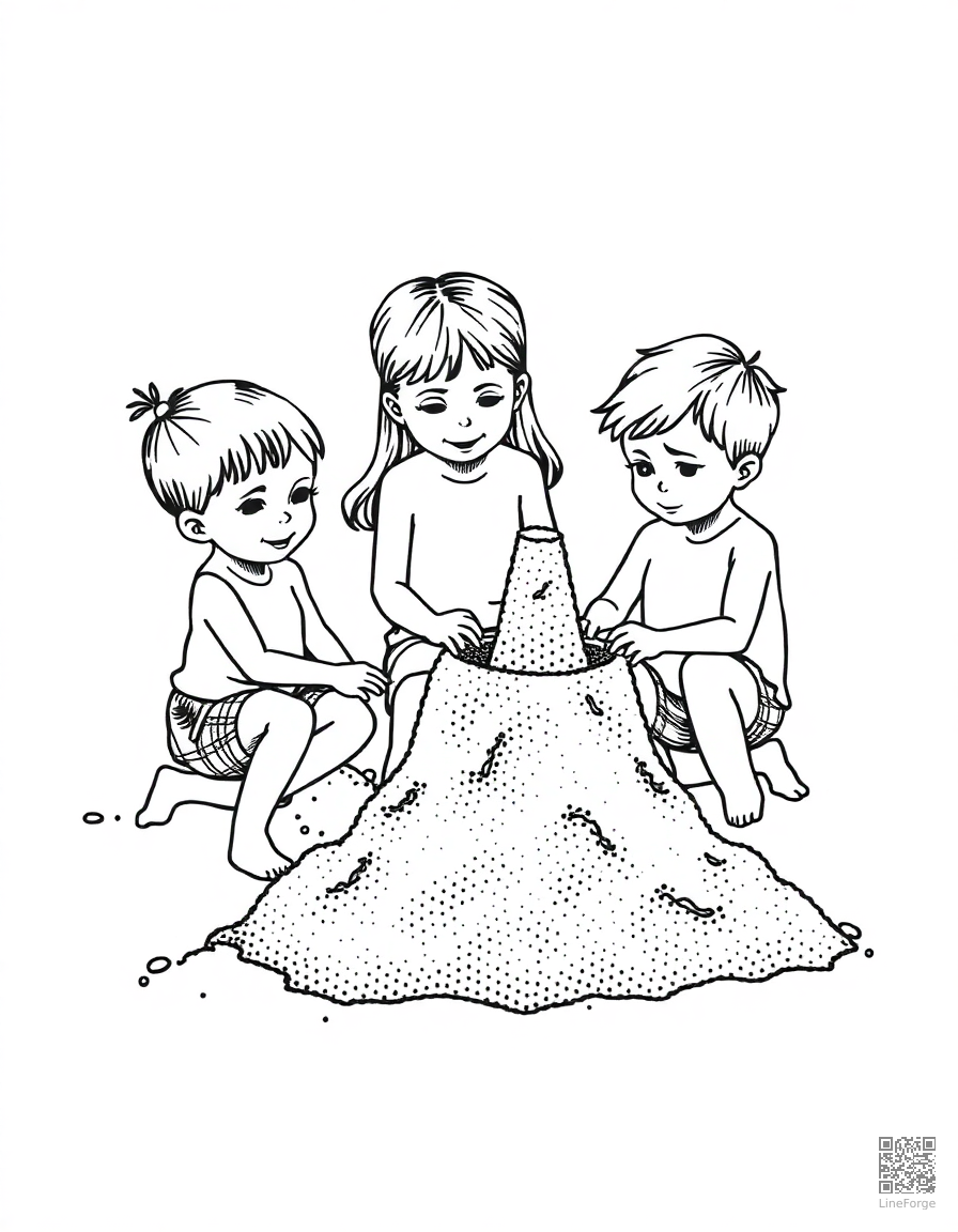 Kids building a sandcastle at the beach coloring page Stipple style - free printable