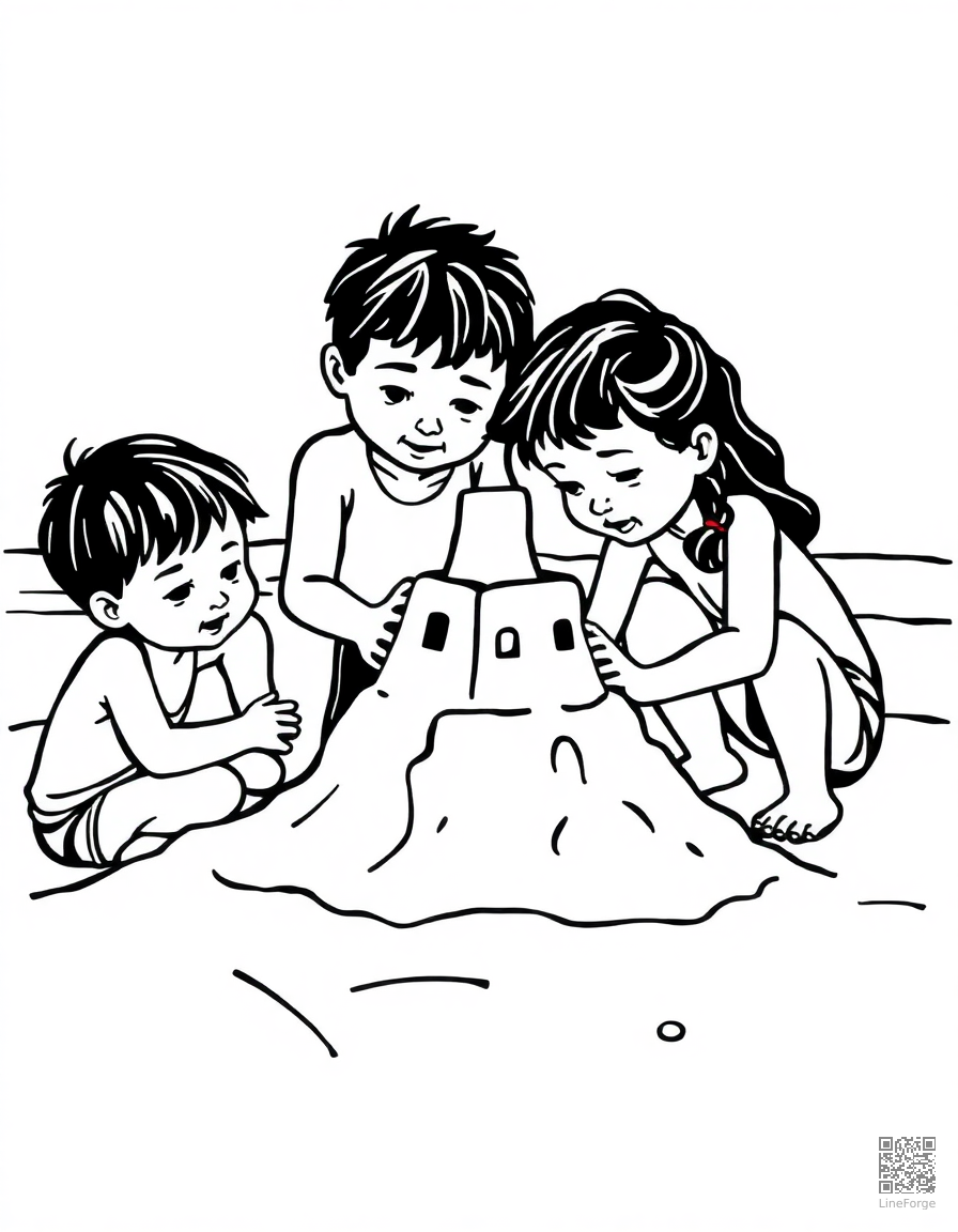 Kids building a sandcastle at the beach coloring page Woodcut style - free printable