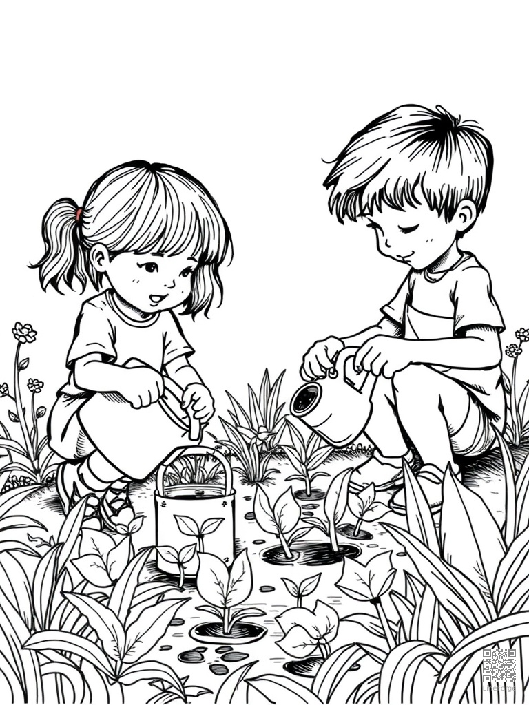 Kids planting seeds in a garden with watering cans coloring page Crosshatch style free printable
