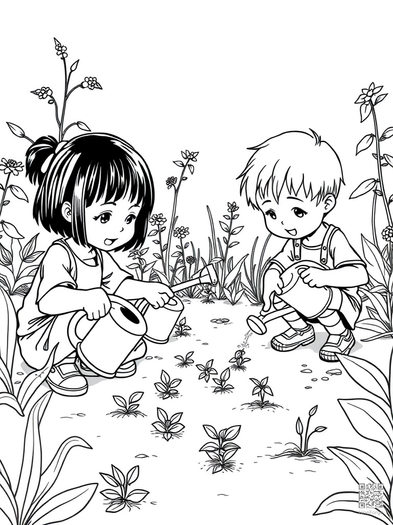 Kids planting seeds in a garden with watering cans coloring page Manga style free printable