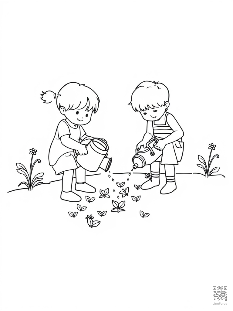 Kids planting seeds in a garden with watering cans coloring page Minimal style free printable