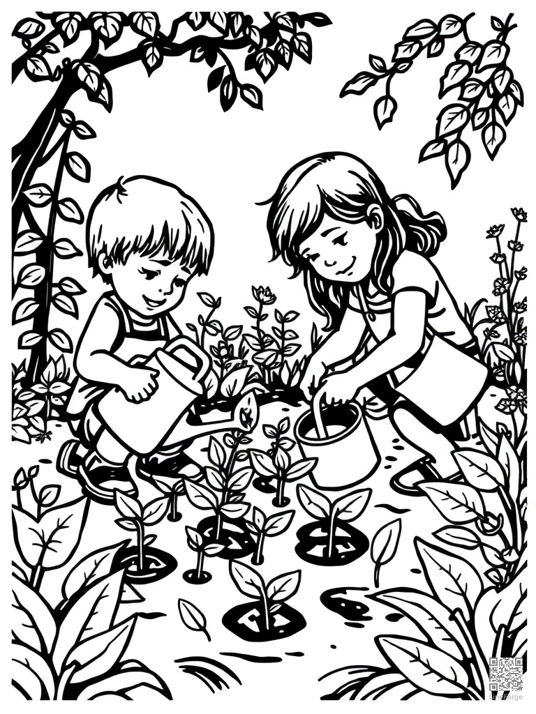 Kids planting seeds in a garden with watering cans coloring page Woodcut style free printable