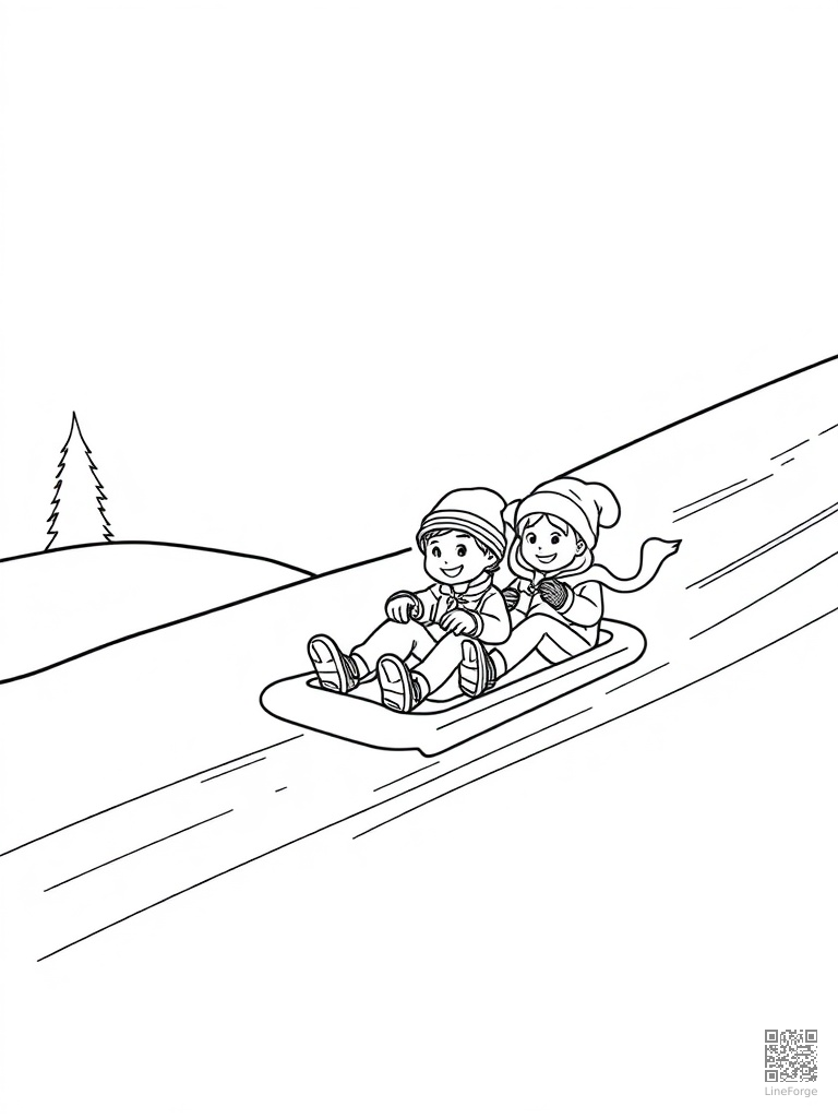 Kids sledding down a big snowy hill coloring page Contour style - free printable