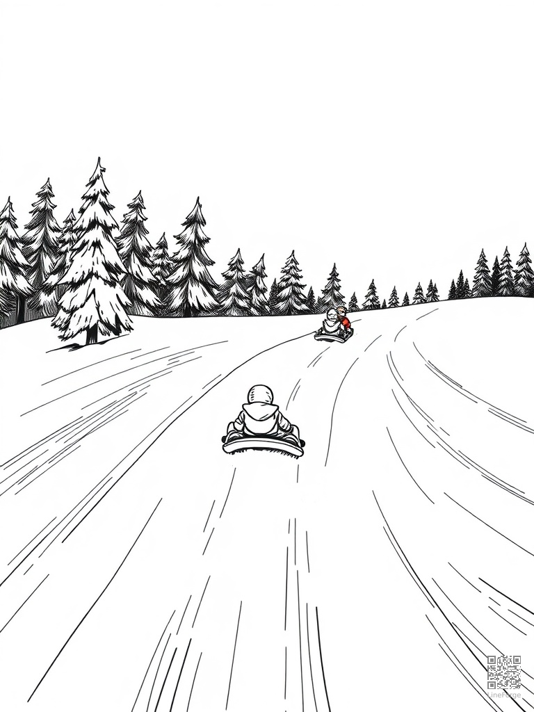 Kids sledding down a big snowy hill coloring page Crosshatch style - free printable