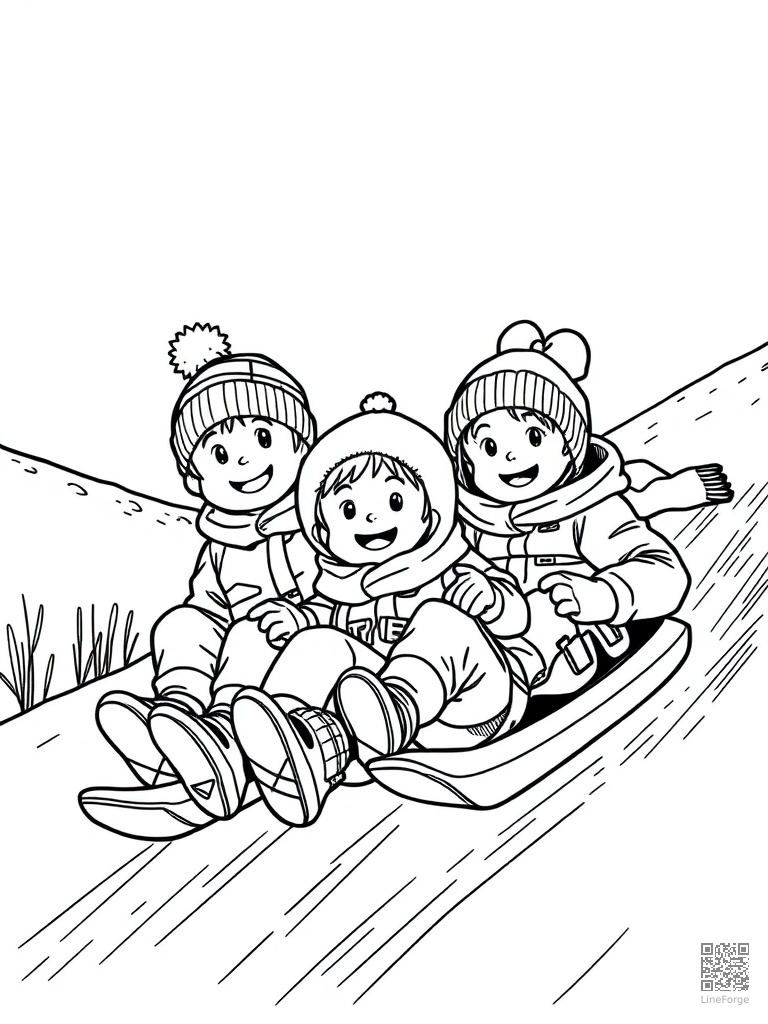 Kids sledding down a big snowy hill coloring page Manga style - free printable