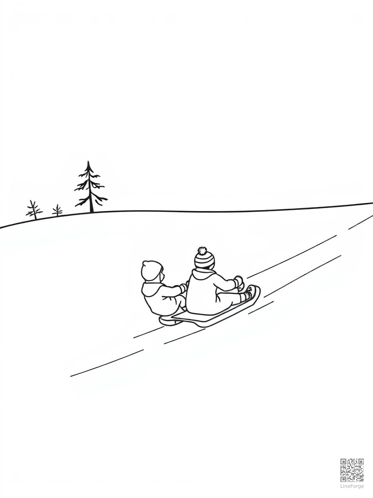 Kids sledding down a big snowy hill coloring page Minimal style - free printable