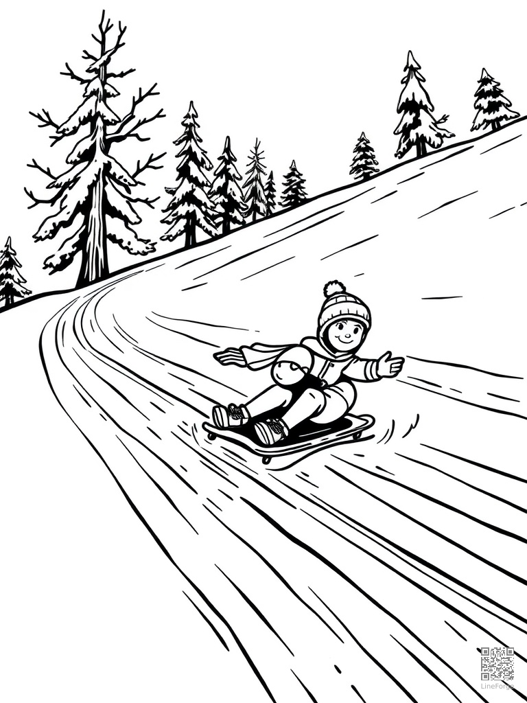 Kids sledding down a big snowy hill coloring page Woodcut style - free printable