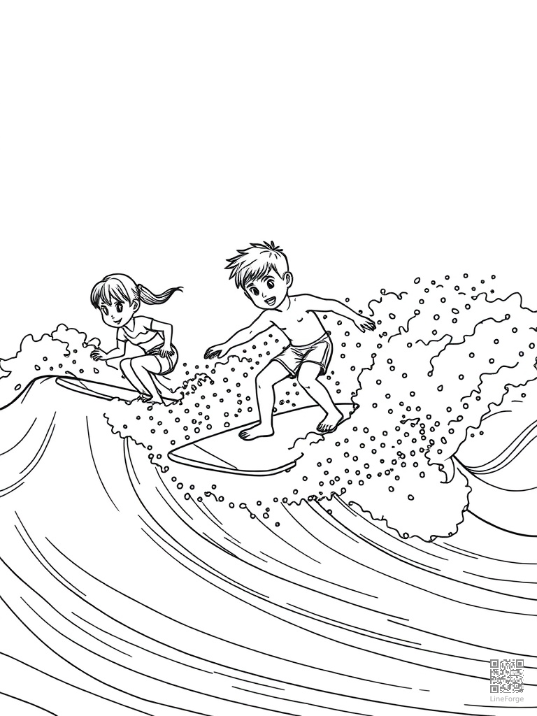 Kids surfing and boogie boarding on ocean waves coloring page Contour style - free printable