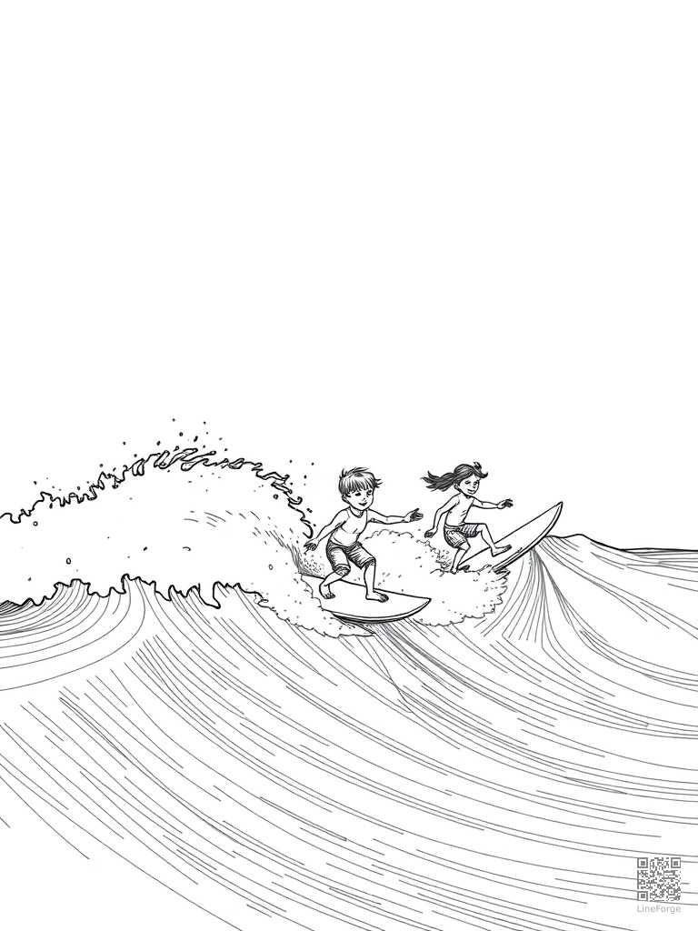 Kids surfing and boogie boarding on ocean waves coloring page Crosshatch style - free printable