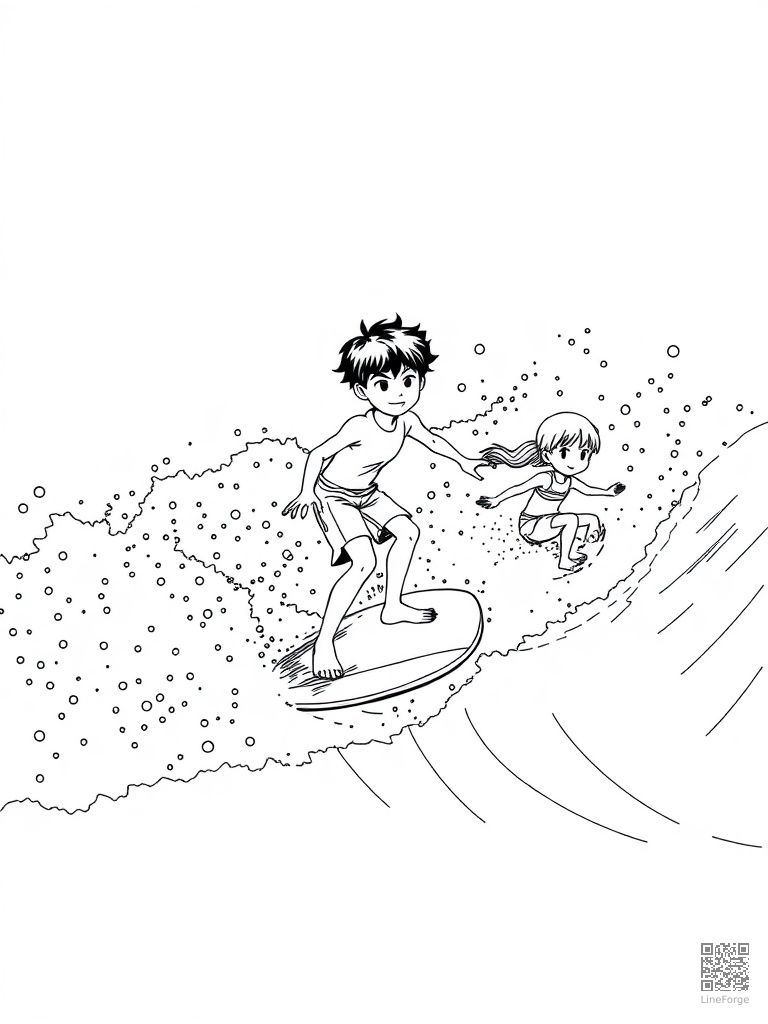 Kids surfing and boogie boarding on ocean waves coloring page Manga style - free printable