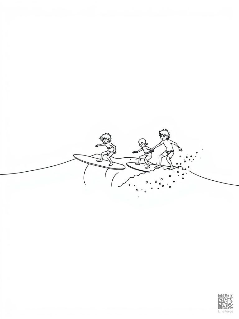 Kids surfing and boogie boarding on ocean waves coloring page Minimal style - free printable