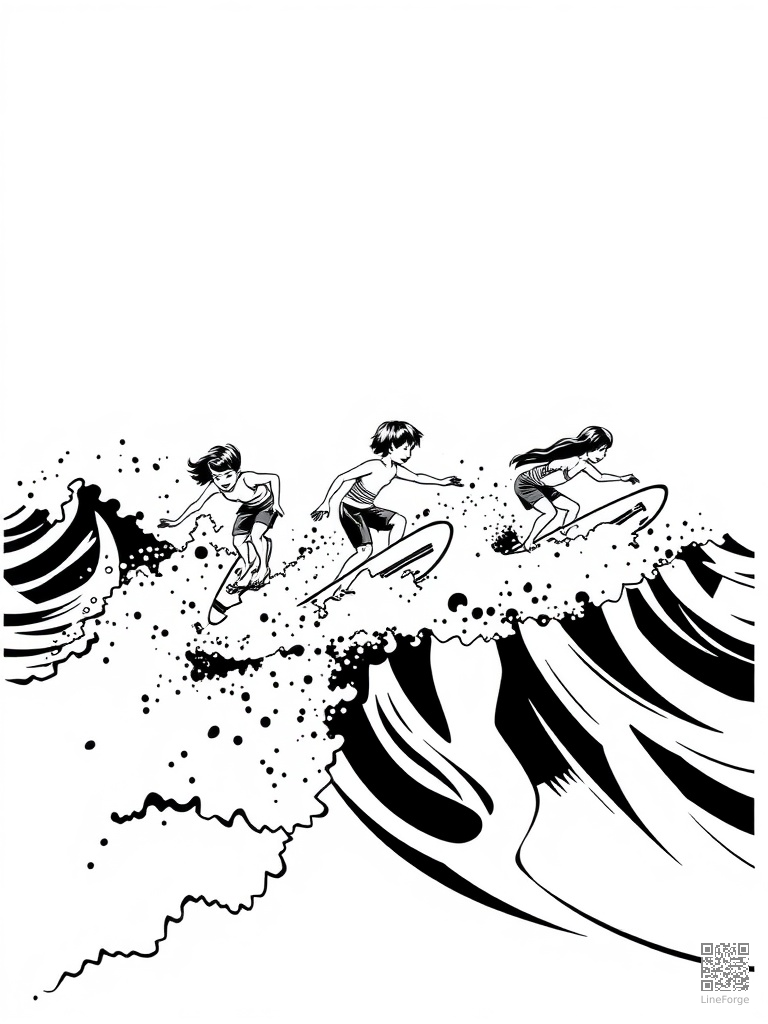 Kids surfing and boogie boarding on ocean waves coloring page Woodcut style - free printable