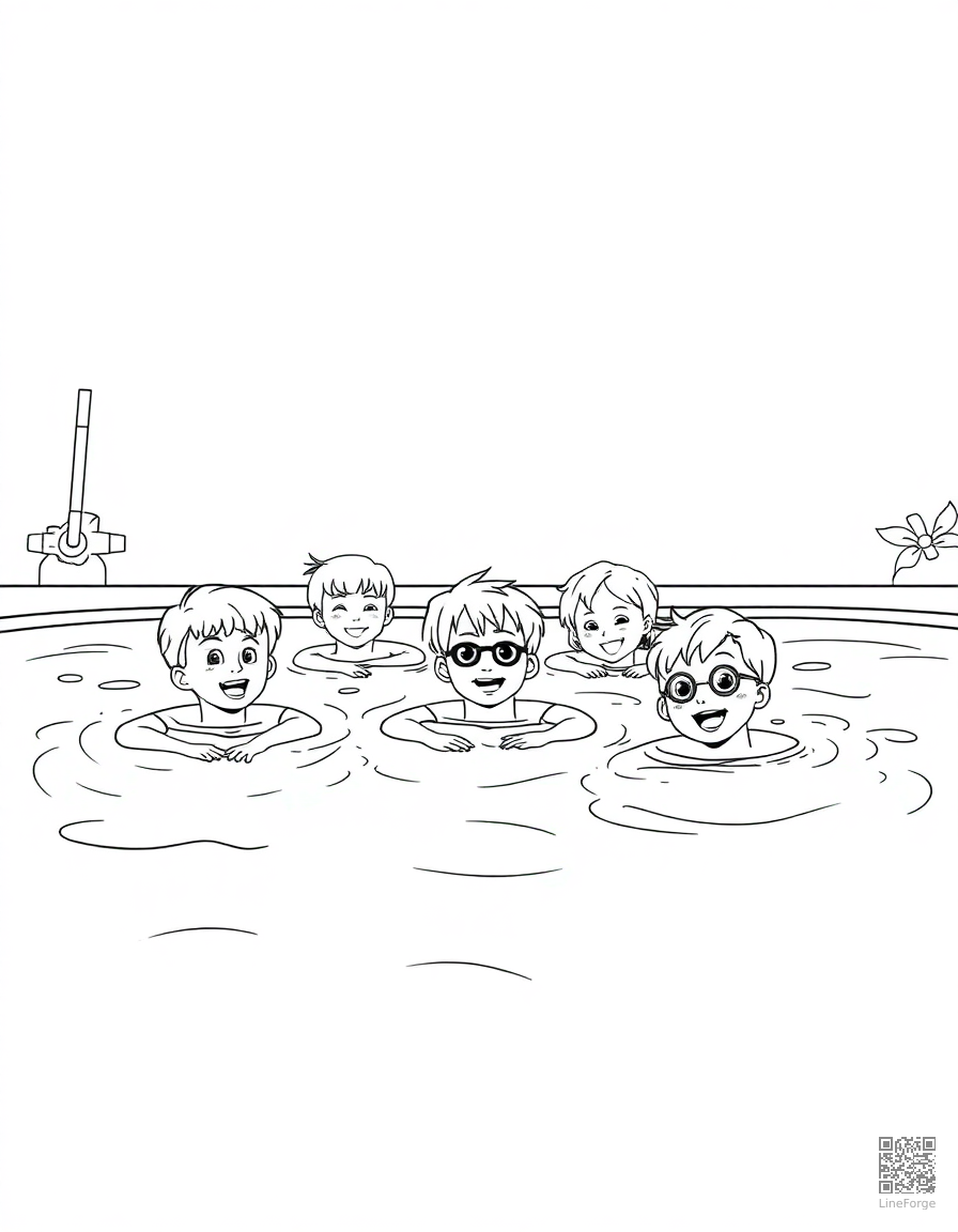 kids swimming at a pool party coloring page Contour style - free printable