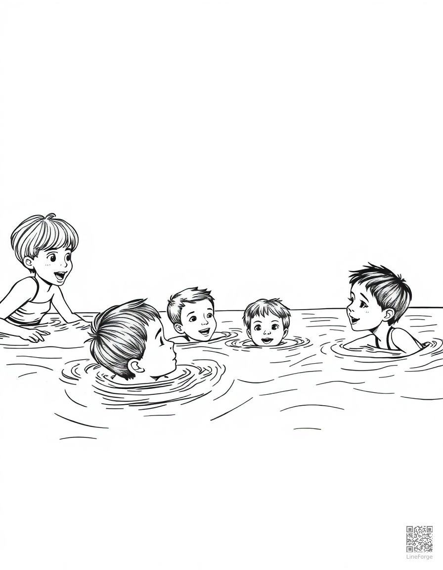 kids swimming at a pool party coloring page Crosshatch style - free printable