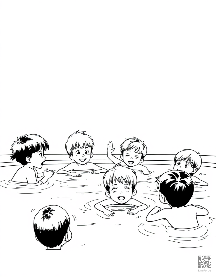 kids swimming at a pool party coloring page Manga style - free printable