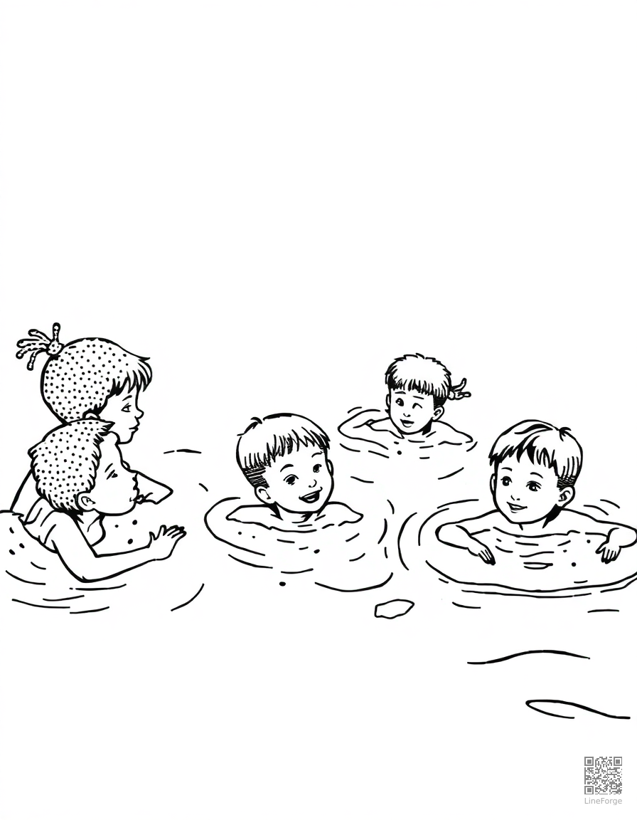 kids swimming at a pool party coloring page Stipple style - free printable
