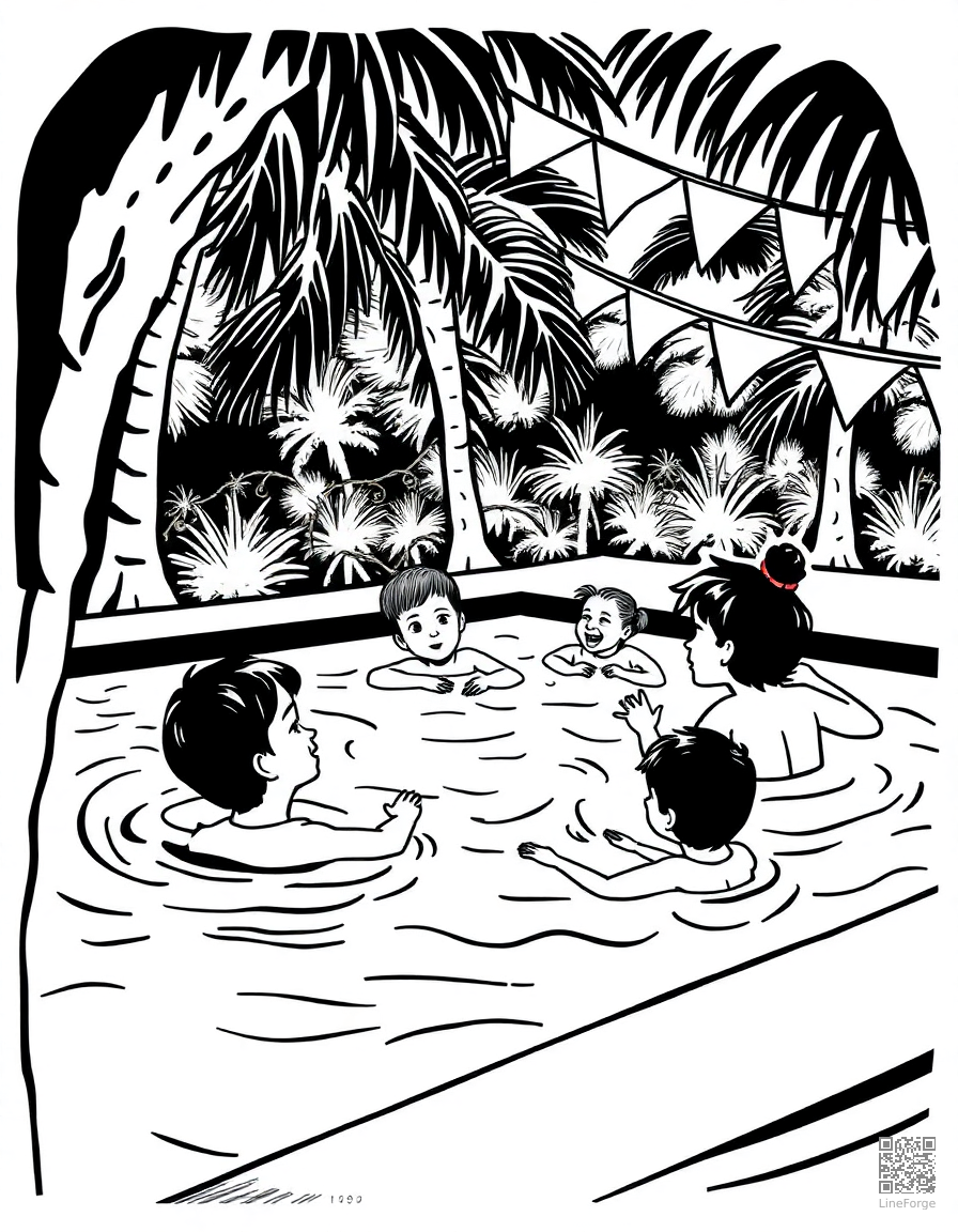 kids swimming at a pool party coloring page Woodcut style - free printable