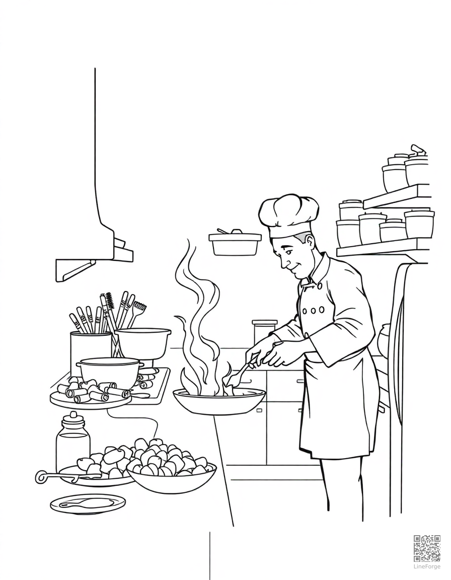 kitchen scene with chef cooking coloring page Contour style - free printable