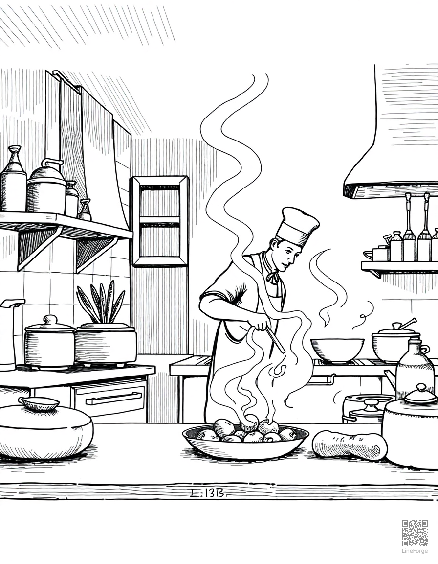 kitchen scene with chef cooking coloring page Crosshatch style - free printable