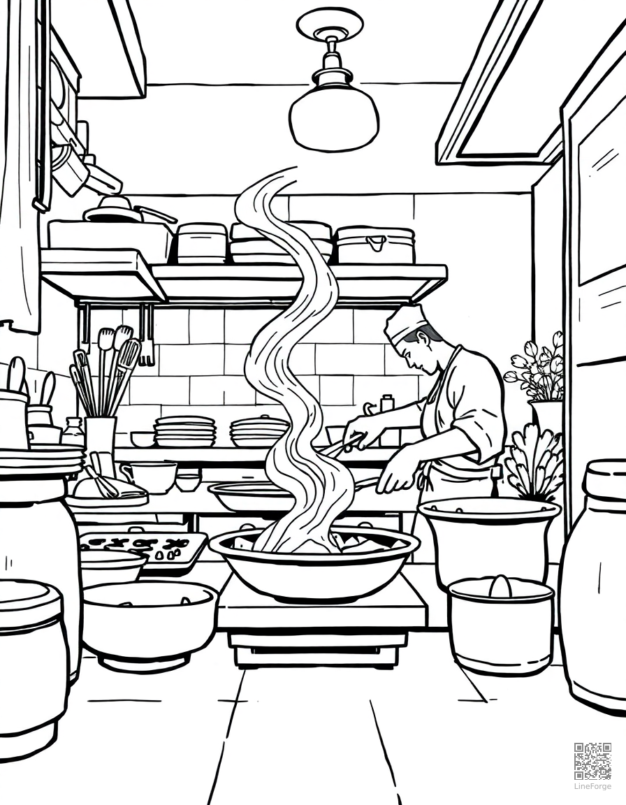 kitchen scene with chef cooking coloring page Manga style - free printable
