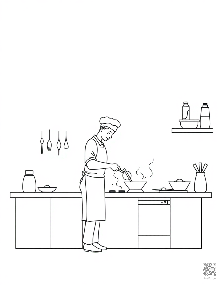 kitchen scene with chef cooking coloring page Minimal style - free printable