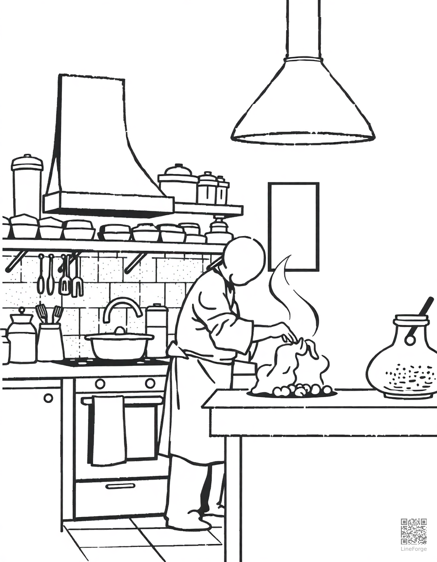 kitchen scene with chef cooking coloring page Stipple style - free printable