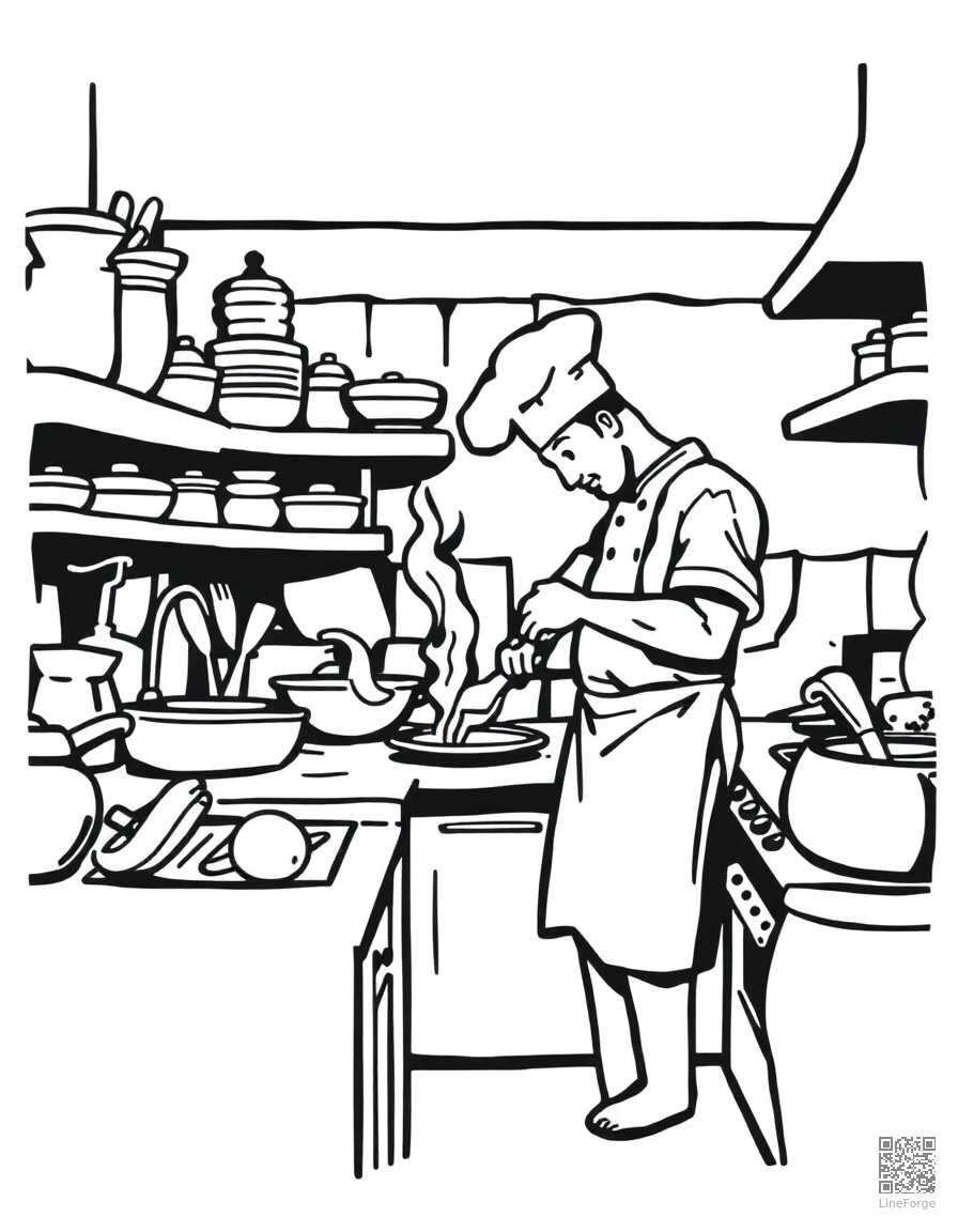 kitchen scene with chef cooking coloring page Woodcut style - free printable