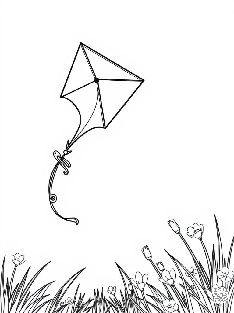 Kite flying on a breezy spring afternoon coloring page Contour style - free printable