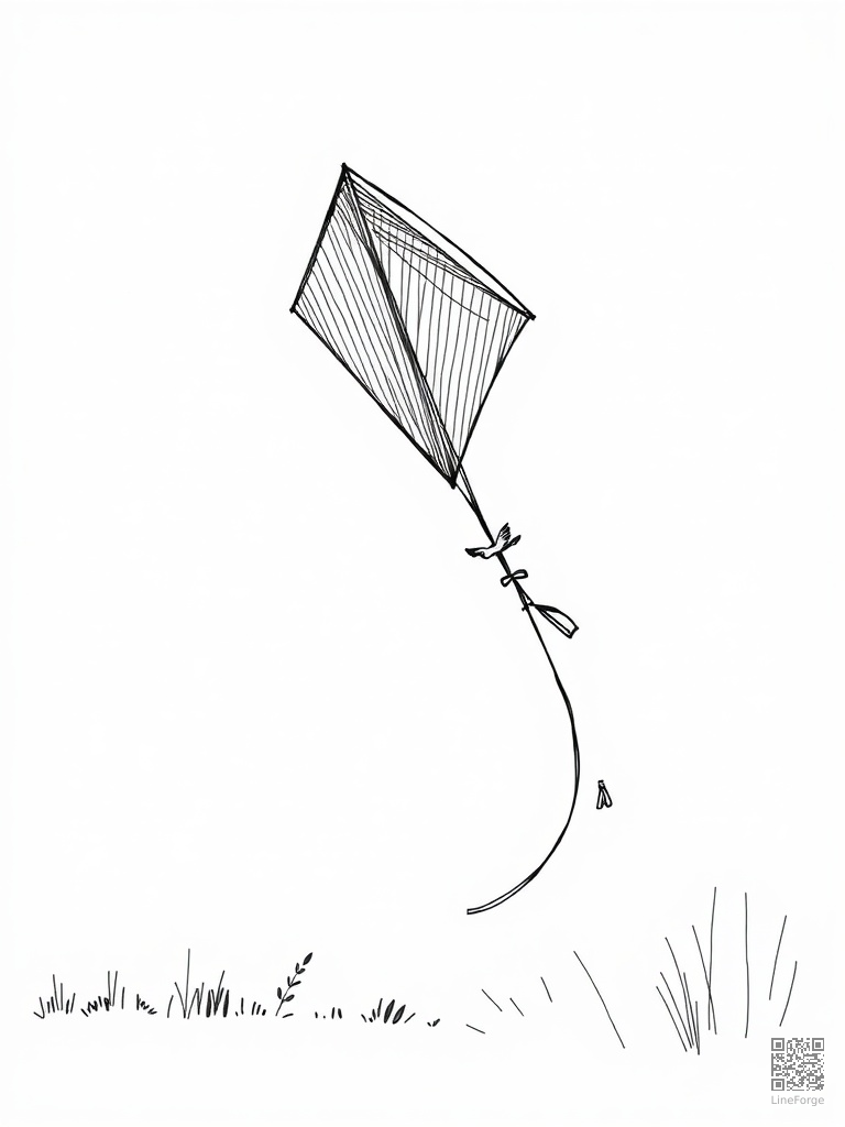 Kite flying on a breezy spring afternoon coloring page Crosshatch style - free printable