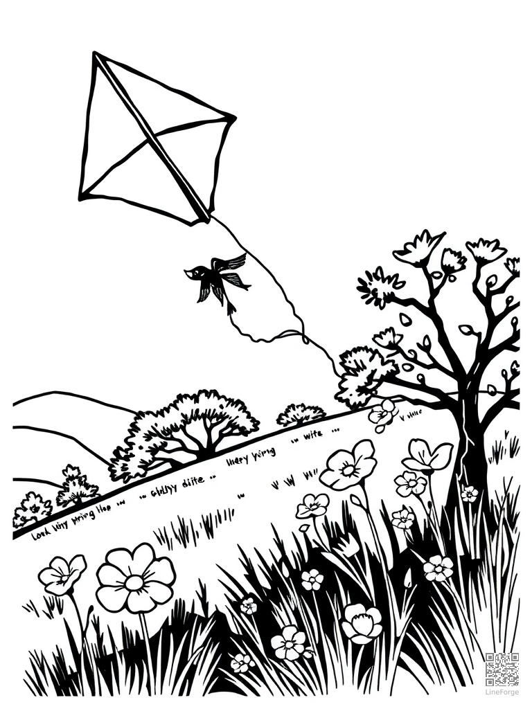 Kite flying on a breezy spring afternoon coloring page Woodcut style - free printable