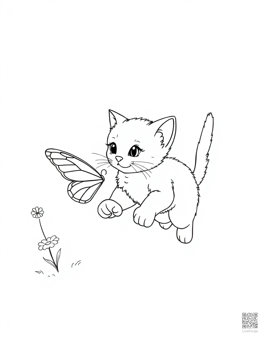 Kitten chasing a butterfly coloring page Contour style - free printable